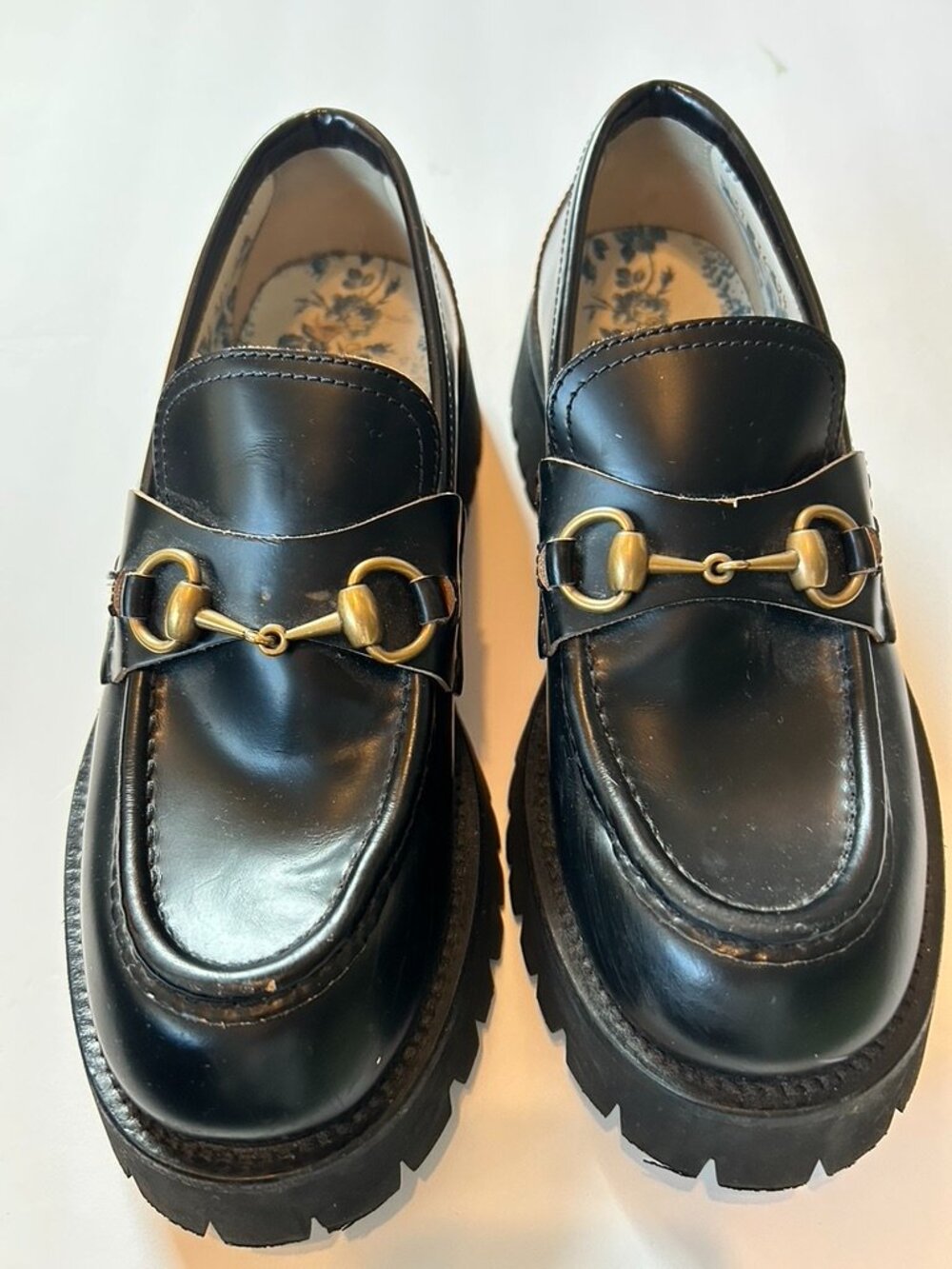 GUCCI Harald Loafers Horsebit Platform Heels Chunky Black Leather Women EU 39.5